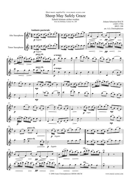 Sheep May Safely Graze - Alto and Tenor Saxophone (arr. Anne L Christopherson GRSM ARCM)