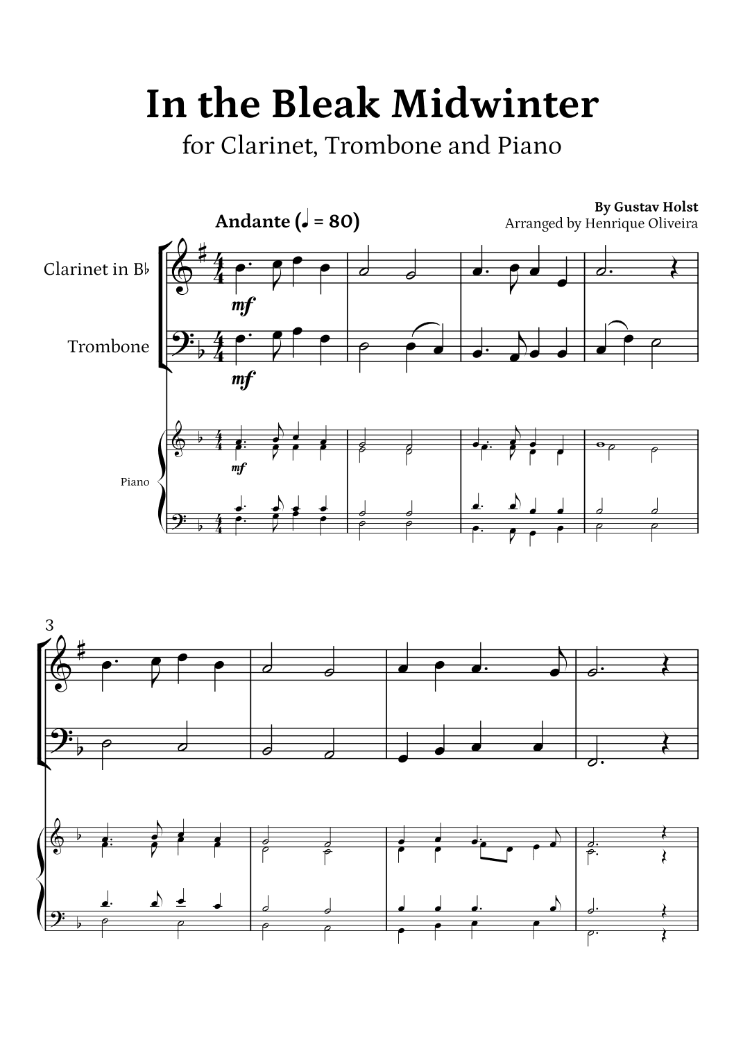 In the Bleak Midwinter (Clarinet, Trombone and Piano) - Beginner Level (arr. Henrique Oliveira)