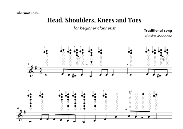 Head, Shoulders, Knees and Toes for beginner clarinetist with finger chart (arr. Nikolas Marianno)