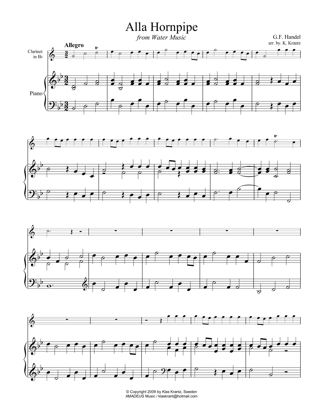 Alla Hornpipe from Water Music for clarinet and easy piano (arr. K. Krantz)