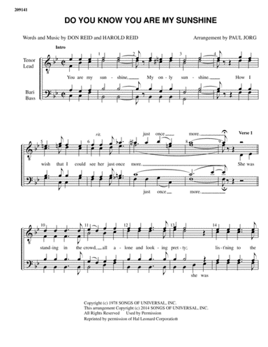 Do You Know You Are My Sunshine (arr. Paul A. Jorg)