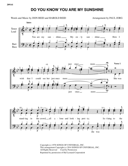 Do You Know You Are My Sunshine (arr. Paul A. Jorg)