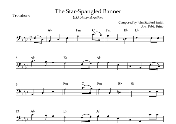 The Star Spangled Banner (USA National Anthem) for Trombone Solo with Chords (Ab Major) (arr. Fabio Britto)