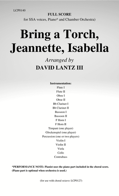 Bring a Torch, Jeannette, Isabella - Score Only (arr. David Lantz III)