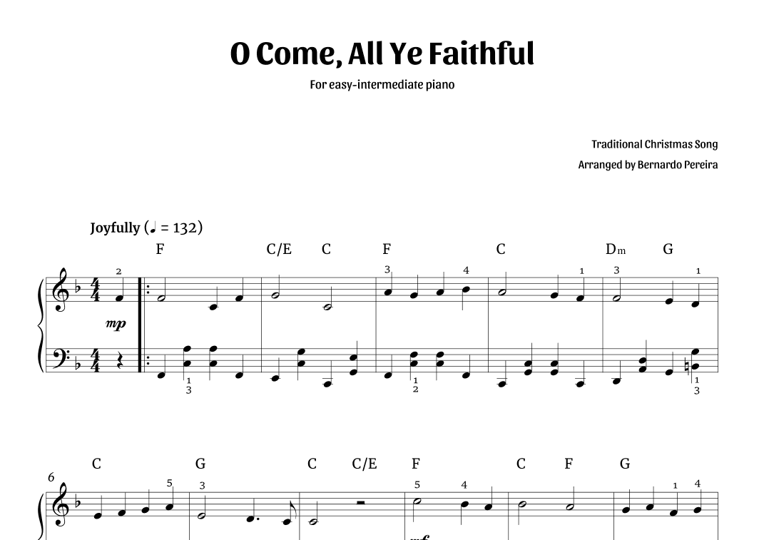 O Come, All Ye Faithful (easy-intermediate piano – F major) (arr. Bernardo Pereira)