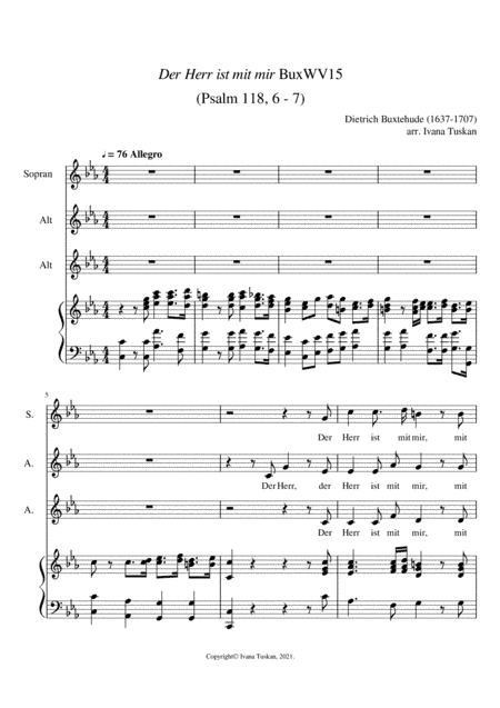 Der Herr ist mit mir, Cantata BuxWv 15, for SAA and keyboard instrument (arr. Ivana Tuskan)