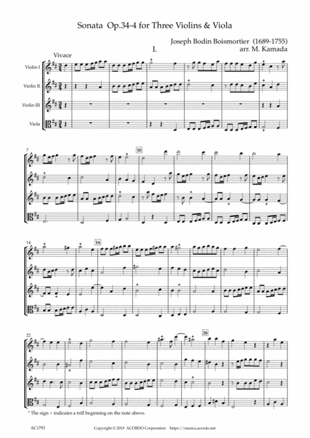 Sonata Op.34-4 for Three Violins & Viola (arr. Mikio Kamada)
