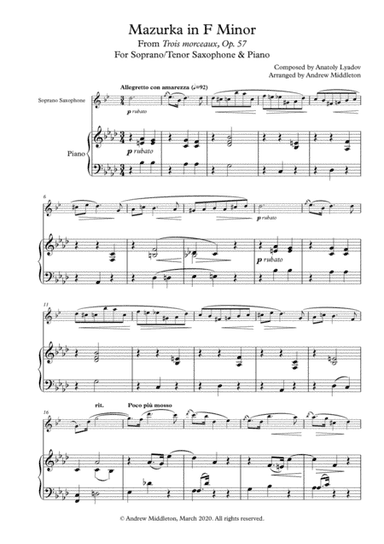 Mazurka in F Minor Op. 57 arranged for Soprano Saxophone & Piano (arr. Andrew Middleton)