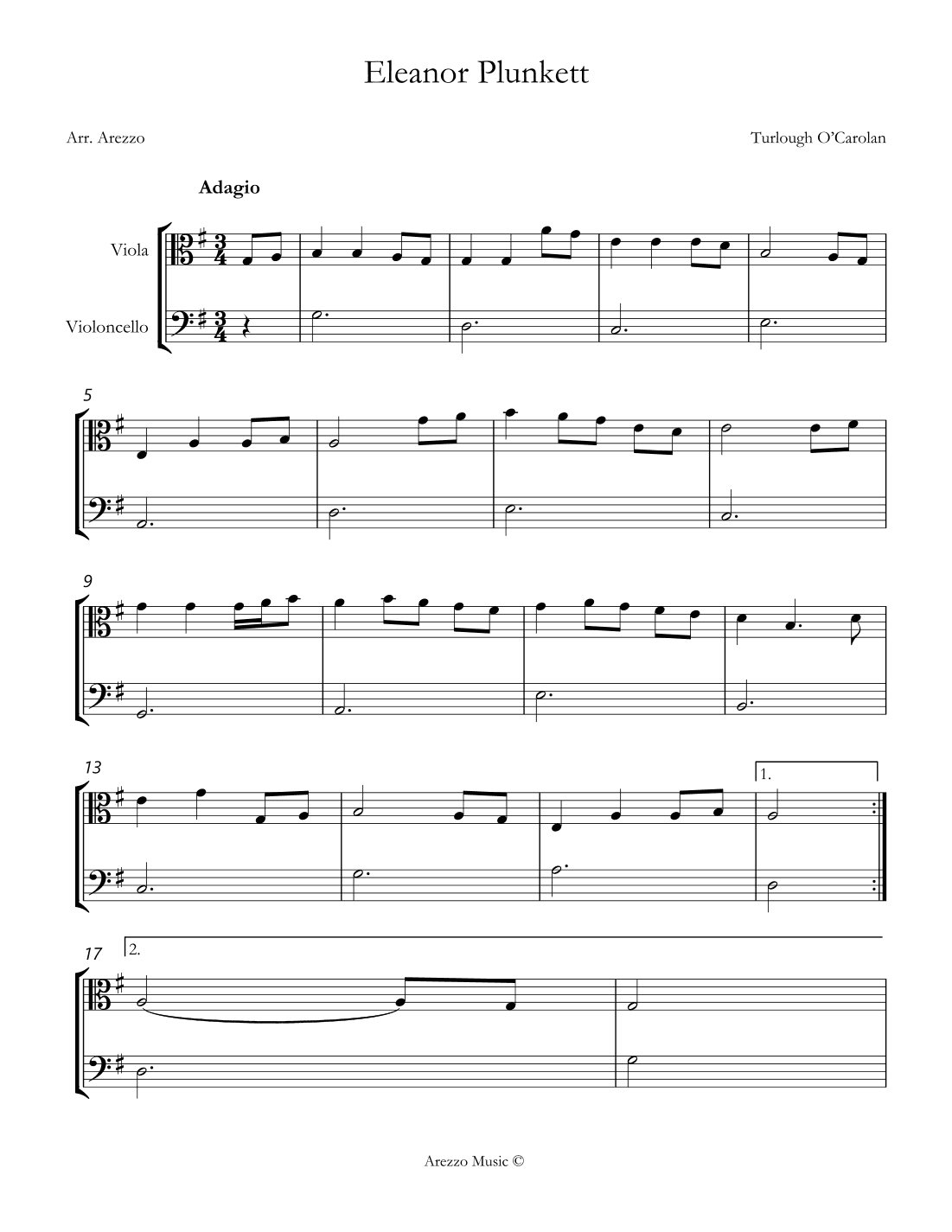 turlough'o carolan eleanor plunkett Viola and Cello sheet music (arr. Arezzo Music)
