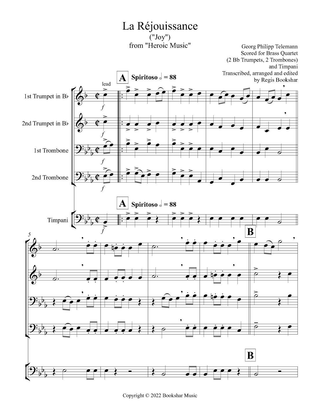 La Rejouissance (from "Heroic Music") (Eb) (Brass Quartet - 2 Trp, 2 Trb, Timp) (arr. Regis Bookshar)