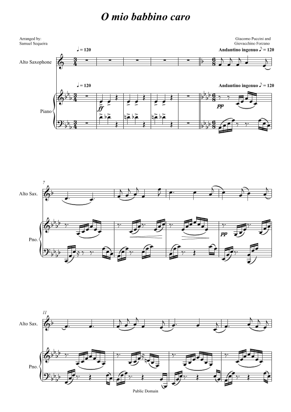 O mio babbino caro - for Alto Saxophone and Piano accompaniment - orchestral play along (arr. Samuel Sequeira)