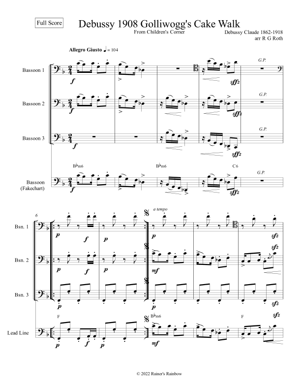 Debussy Golliwogs Cakewalk For Bassoon Trio (arr. R G Roth)