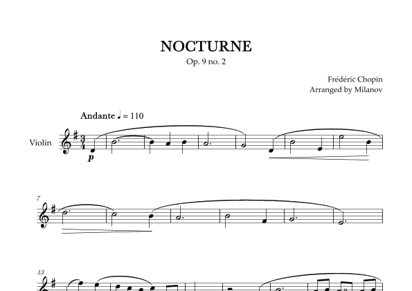Chopin Nocturne op. 9 no. 2 | Violin | G Major | Easy beginner (arr. Milanov)