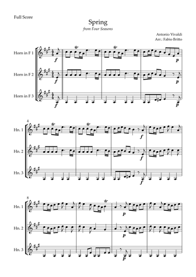 Spring (from Four Seasons of Antonio Vivaldi) for Horn in F Trio (arr. Fabio Britto)