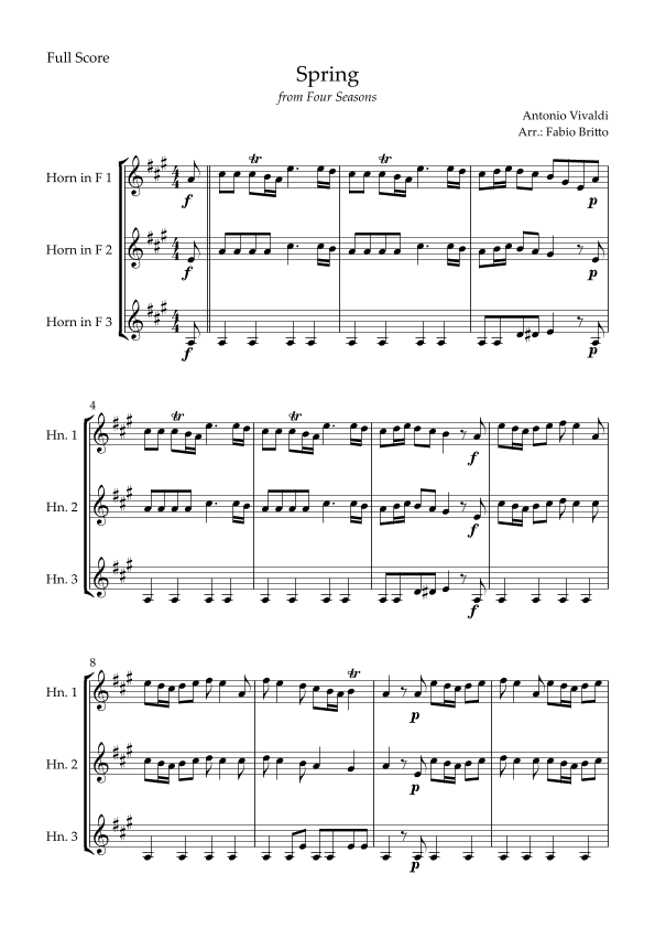 Spring (from Four Seasons of Antonio Vivaldi) for Horn in F Trio (arr. Fabio Britto)