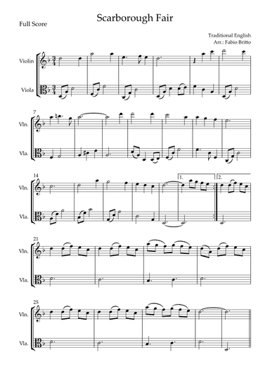 Scarborough Fair for Violin & Viola Duo (arr. Fabio Britto)