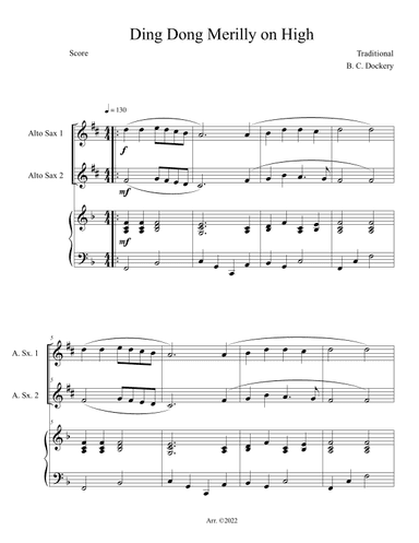 Ding Dong Merrily on High (Alto Sax Duet with Piano Accompaniment) (arr. B. C. Dockery)