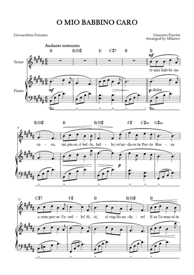 O Mio Babbino Caro | Male Voice Tenor | B Major | Piano accompaniment | Pedal | Chords (arr. Milanov)