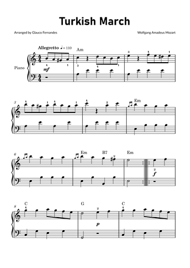 Turkish March by Mozart - Easy Piano with Chords (arr. Glauco Fernandes)