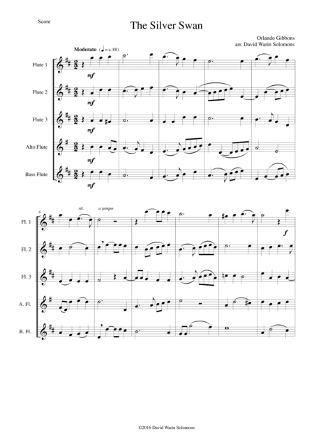 The Silver Swan for flute quintet (3 flutes, 1 alto flute, 1 bass flute) (arr. David Warin Solomons)