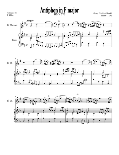 Handel Antiphon in F major for Clarinet and Piano, HMV 270 (arr. T S Han)