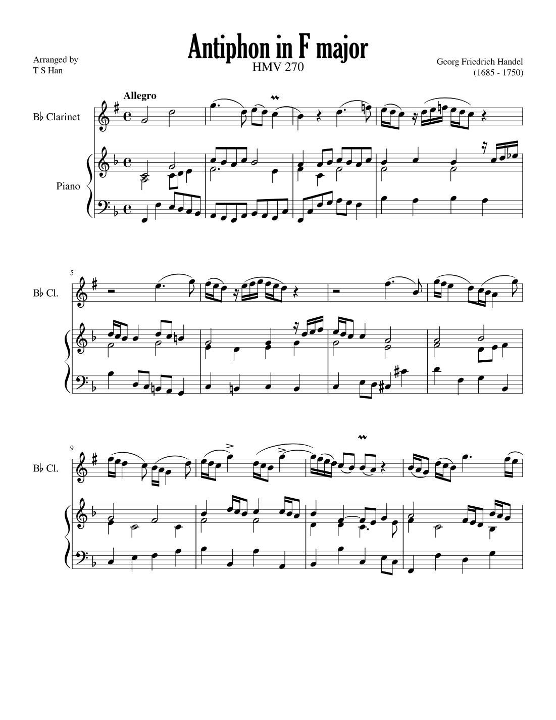 Handel Antiphon in F major for Clarinet and Piano, HMV 270 (arr. T S Han)