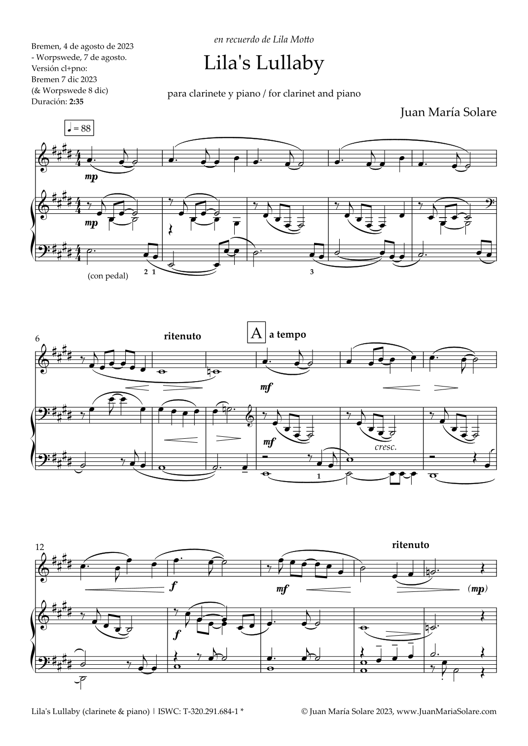 Lila's Lullaby [Clarinet and Piano]
