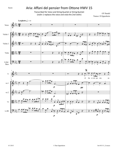 Handel: "Affani del pensier". Aria from Ottone HWV 15 arr. for Voice & String Quartet. Optional ense (arr. D Oppenheim)
