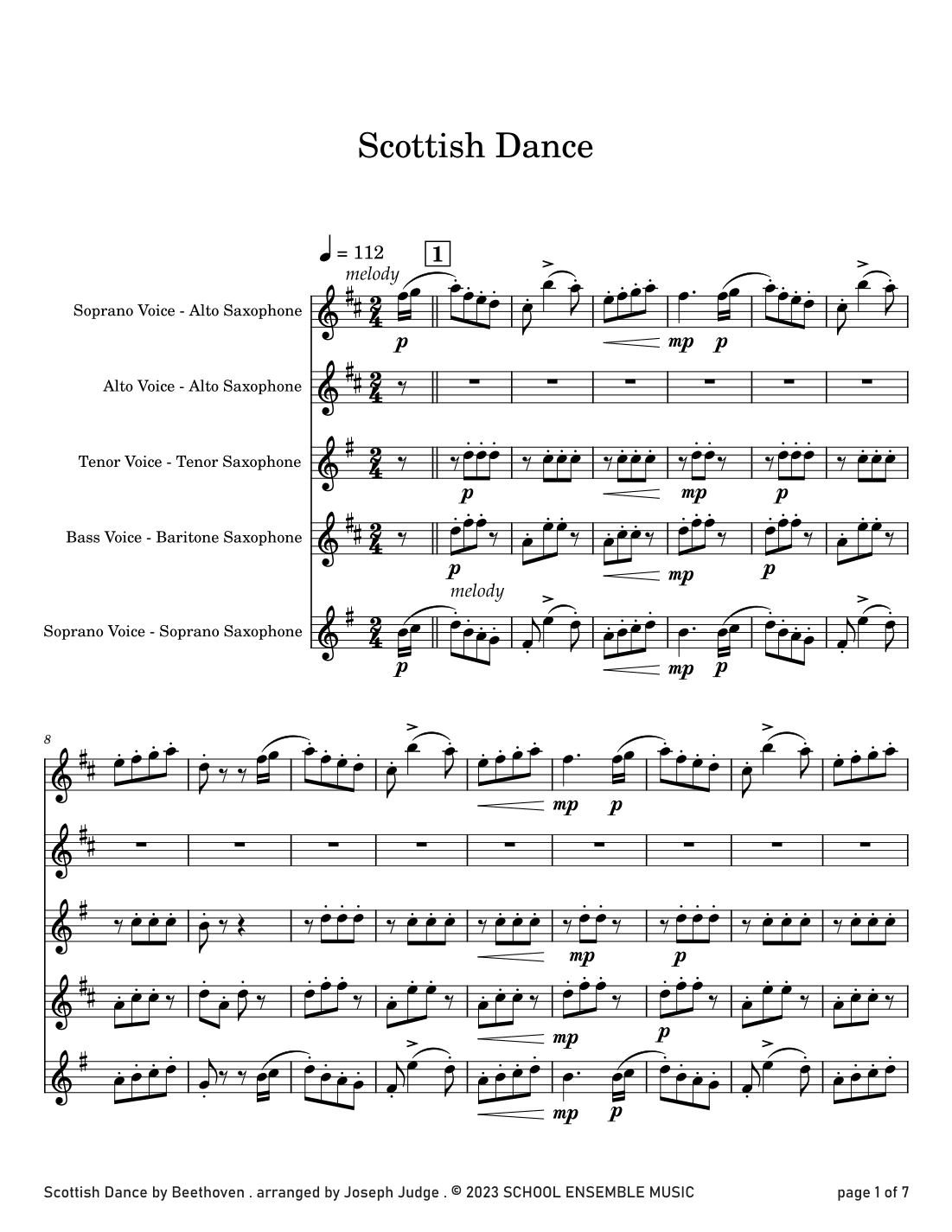 Scottish Dance by Beethoven for Saxophone Quartet in Schools (arr. Joseph Judge)