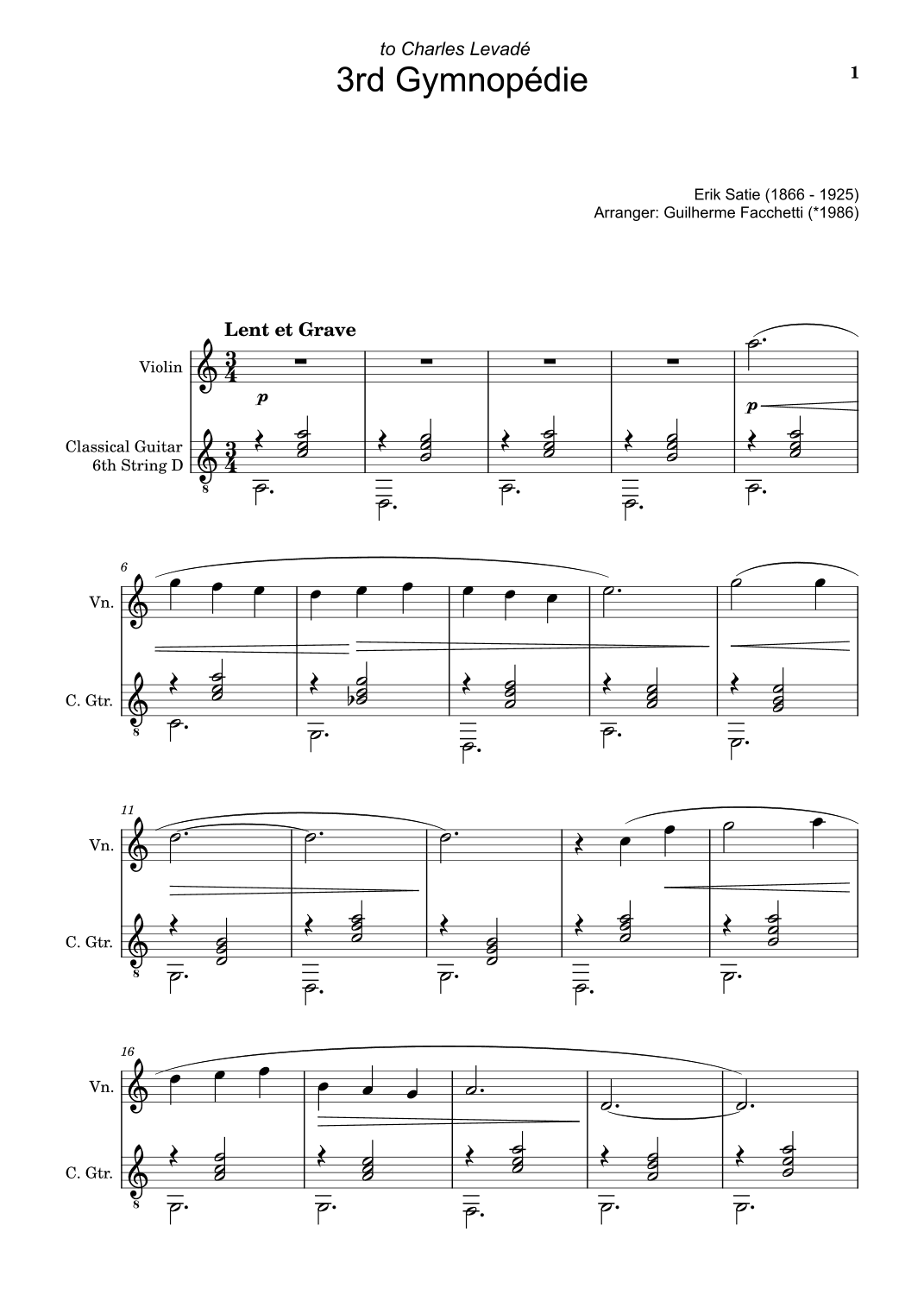 Erik Satie - 3rd Gymnopédie. Arrangement for Violin and Classical Guitar (arr. Guilherme Facchetti)