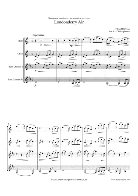 Londonderry Air - Flute, Oboe, 2 Bass Clarinets (arr. Anne L Christopherson GRSM ARCM)