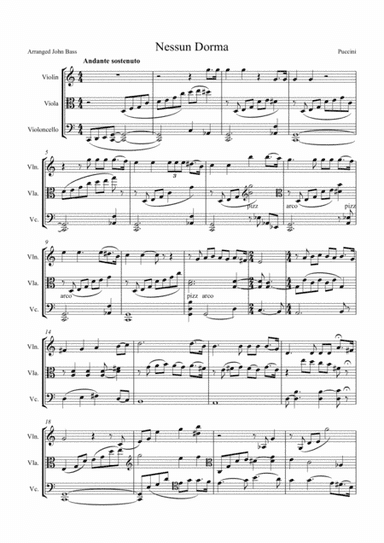 Nessun Dorma by Puccini, arranged for String Trio (Violin, Viola and 'Cello) (arr. John Bass - Music & Strings)