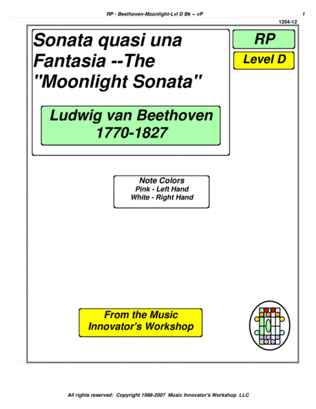 Beethoven - Moonlight Sonata - Level D - (Key Map Tablature) (arr. John M. Honeycutt)