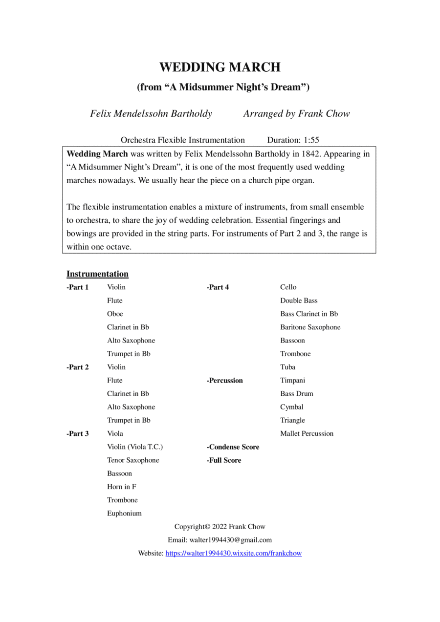 Wedding March (from "A Midsummer Night's Night") (Orchestra/Concert Band Flexible Instrumentation) (arr. Frank Chow)