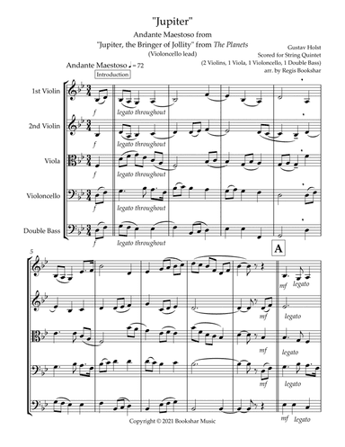 Jupiter (Andante Maestoso from "Jupiter, the Bringer of Jollity" from The Planets) (Bb) (String Quin (arr. Regis Bookshar)