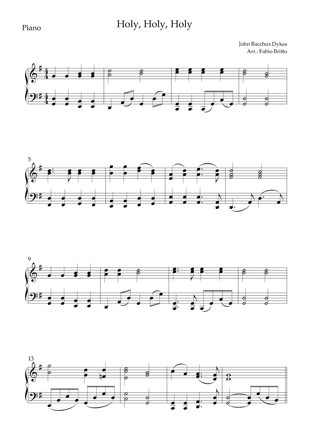 Holy, Holy, Holy (Traditional Christian Song) for Piano Solo (arr. Fabio Britto)