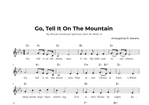 Go, Tell It On The Mountain (Key of E-Flat Major) (arr. R. Salvario)