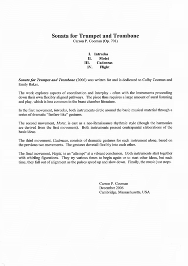 Carson Cooman: Sonata for Trumpet (in C) and Trombone