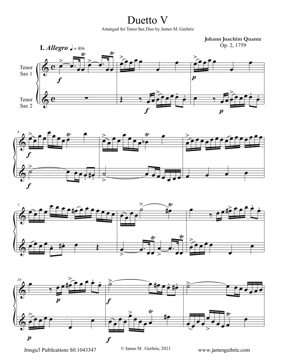 Quantz: Duetto Op. 2 No. 5 for Tenor Sax Duo (arr. James M. Guthrie)