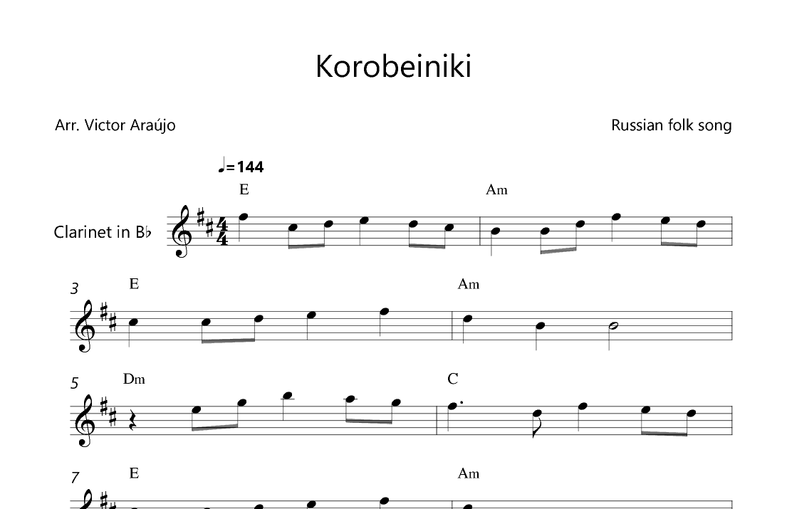 Korobeiniki  (from Tetris) - Clarinet Lead Sheet - Chord Symbols (arr. Victor Araújo)