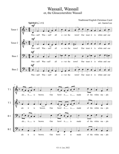 Wassail, Wassail (or the Gloucestershire Wassail) for TTBB Choir, a cappella (arr. Aaron Lee)