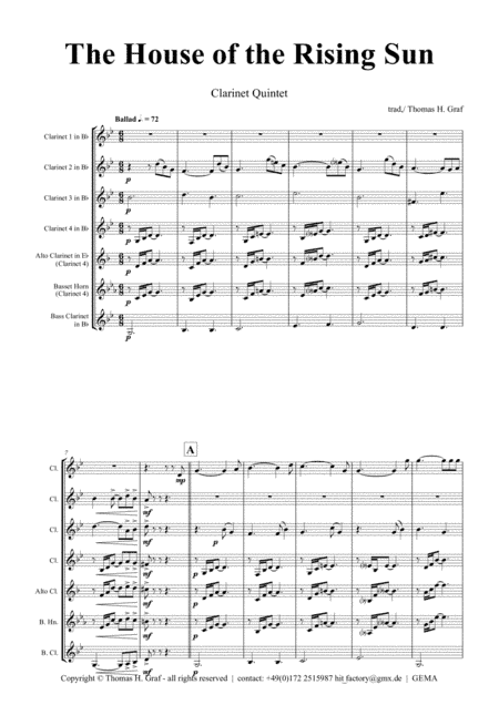 The house of the rising sun - Folk Song - Clarinet Quintet (arr. Thomas H. Graf)