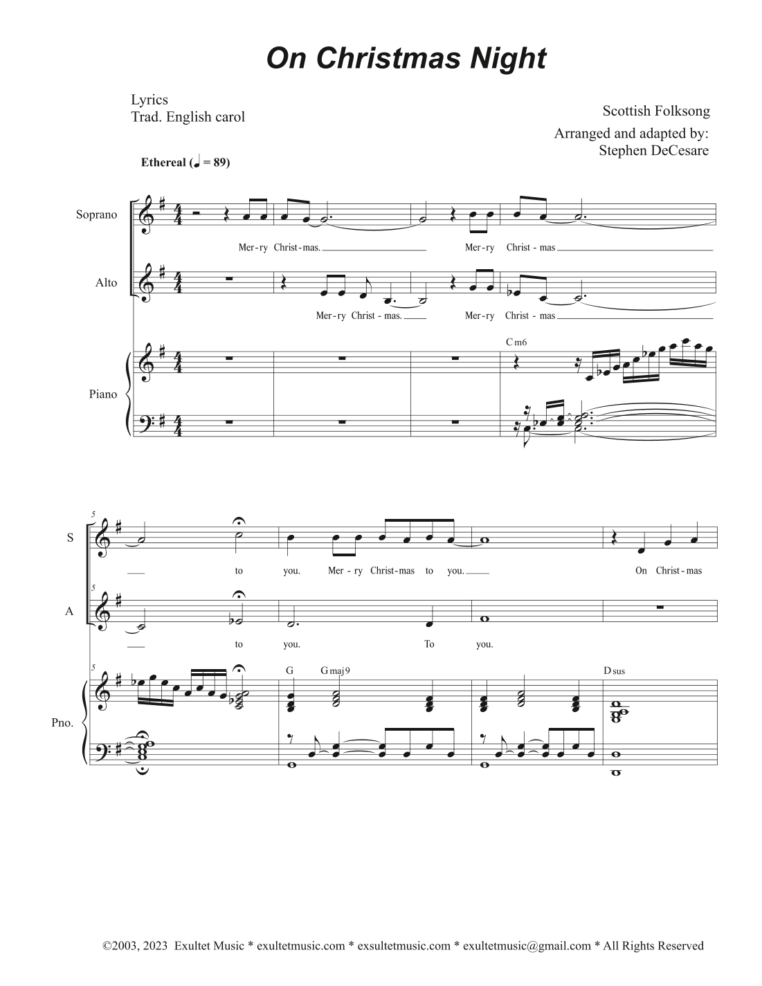 On Christmas Night (Duet for Soprano and Alto solo) (arr. Stephen DeCesare)