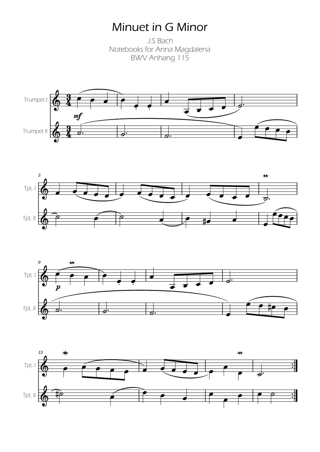 Minuet in G minor BWV Anh. 115 - Bach - Trumpet Duet (arr. Ygor Nunes)