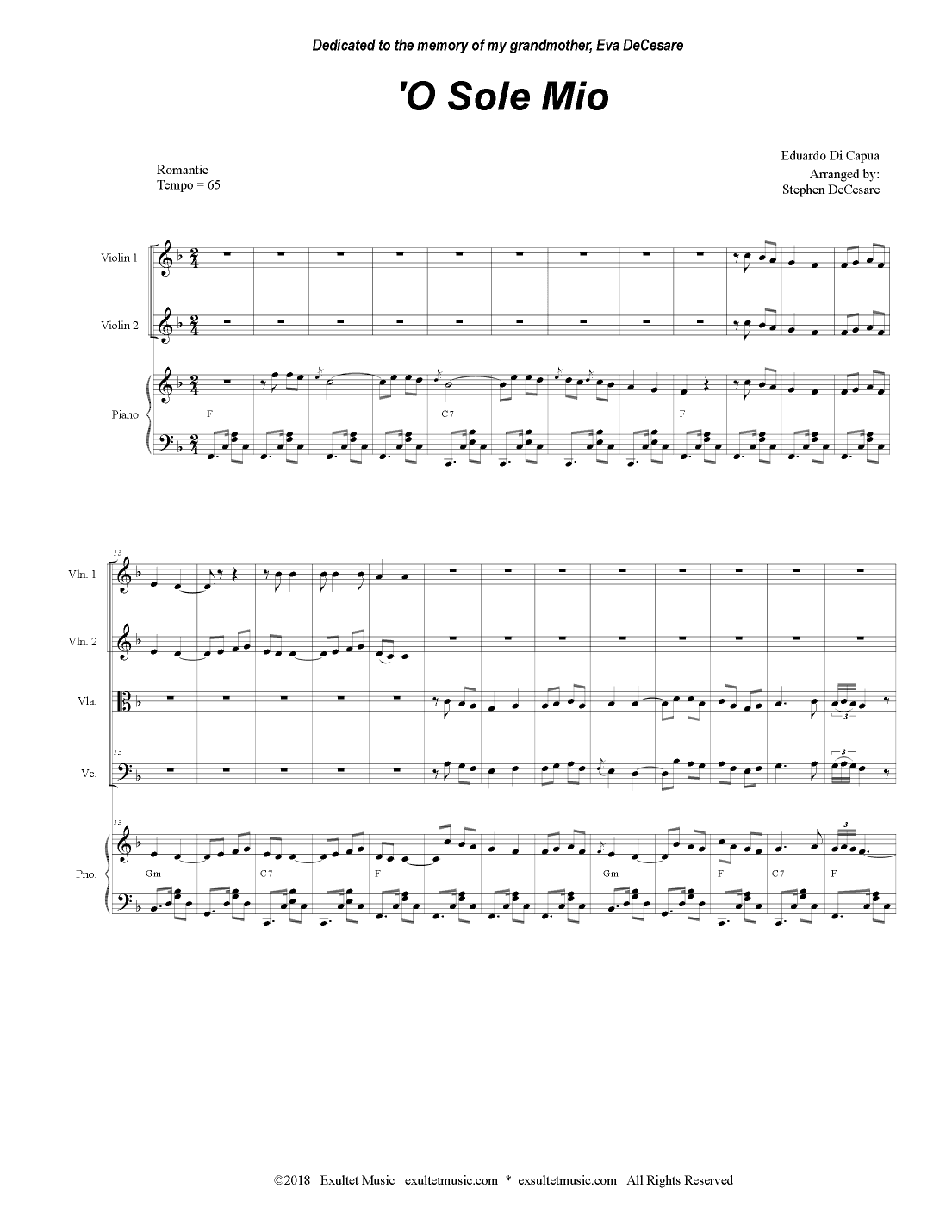 O Sole Mio (String Quartet and Piano) (arr. Stephen DeCesare)