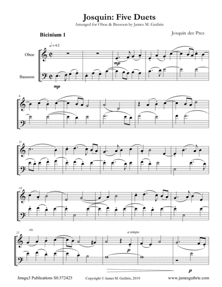 Josquin: Five Duets for Oboe & Bassoon (arr. James M. Guthrie, ASCAP)