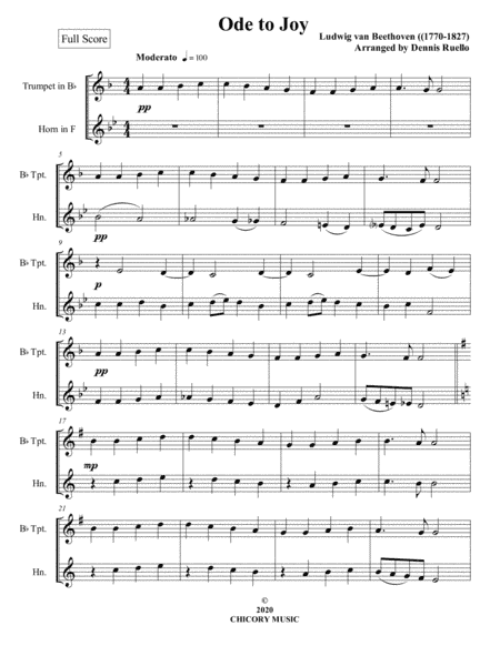 Ode to Joy - Trumpet / Horn in F Duet - Intermediate (arr. Dennis Ruello)
