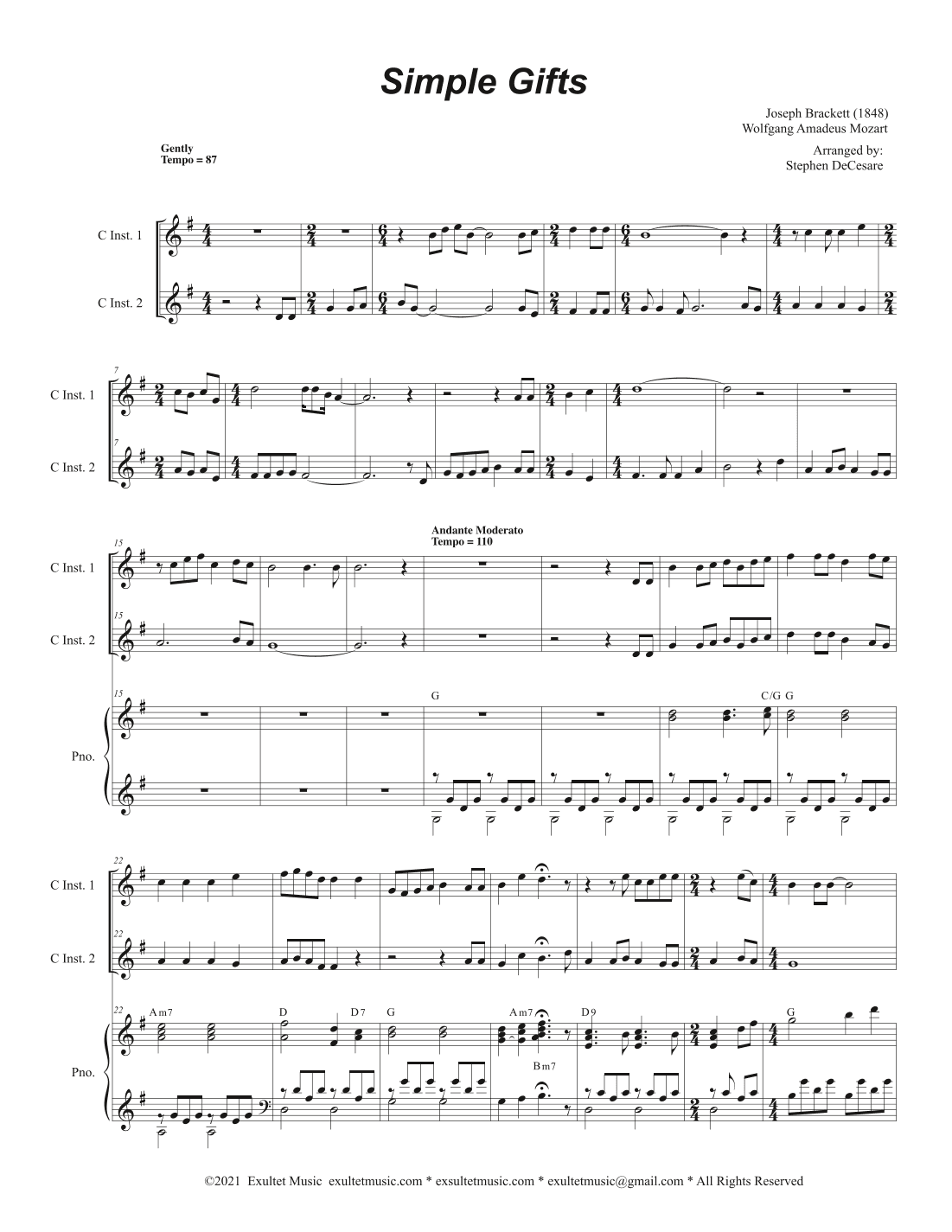 Simple Gifts (Duet for C-Instruments) (arr. Stephen DeCesare)
