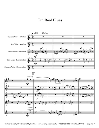 Tin Roof Blues by the Kings for Saxophone Quartet in Schools (arr. Joseph Judge)