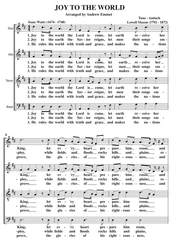 Joy To The World A Cappella SATB (arr. Andrew Emmet)